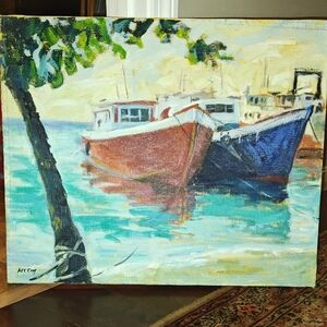 Nautical Canvas Art with Red and Blue Boats 14" By 11" By Lee Eng Virgin Islands